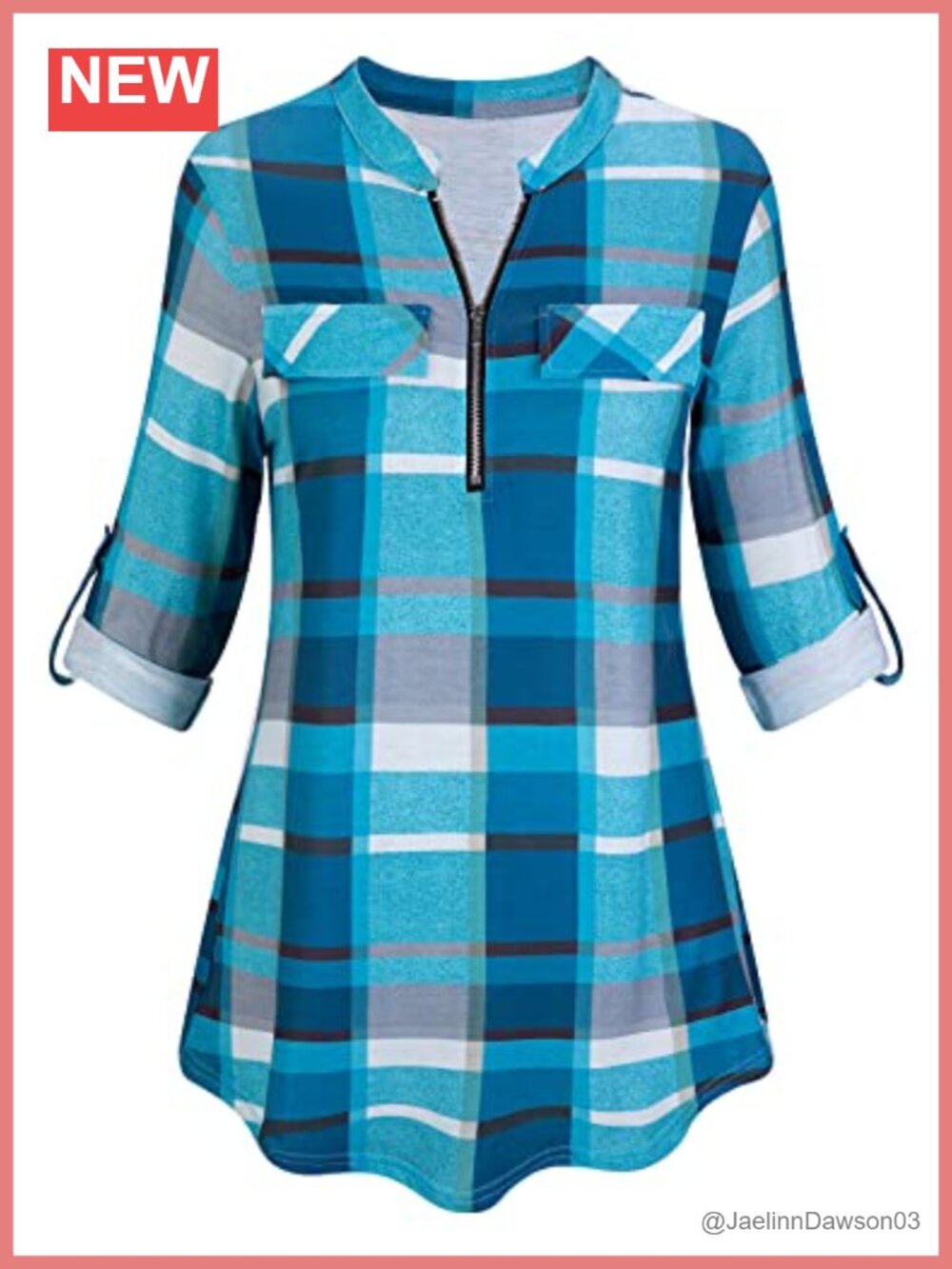 Womens Plaid Zip V-Neck Tunic Long Sleeve Roll Sleeve Top